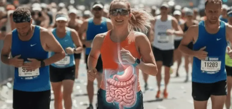 Runner racing on a hot day with her gut highlighted
