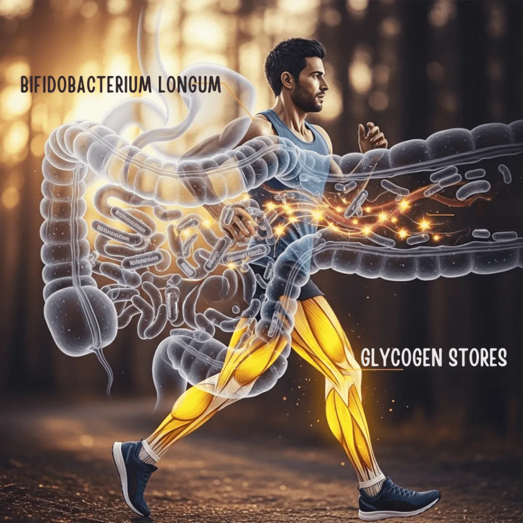 Runner with the gut and leg muscles lit up, labelled Bifidobacterium longum and glycogen stores