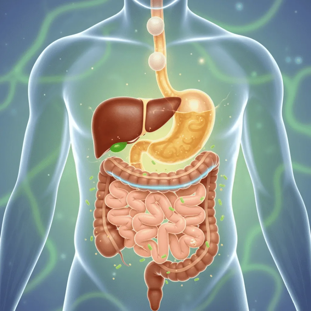 Illustration of the digestive tract with probiotic bacteria