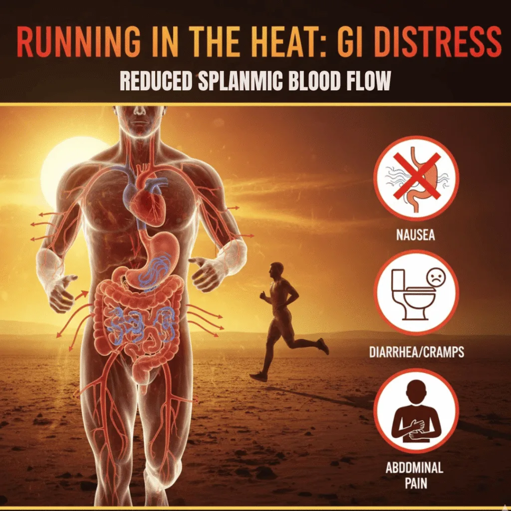 Runner in the heat with reduced blood flow to the gut, causing nausea, diarrhea and abdominal pain