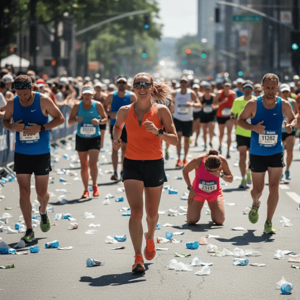 Runners racing on a hot day past a drink station