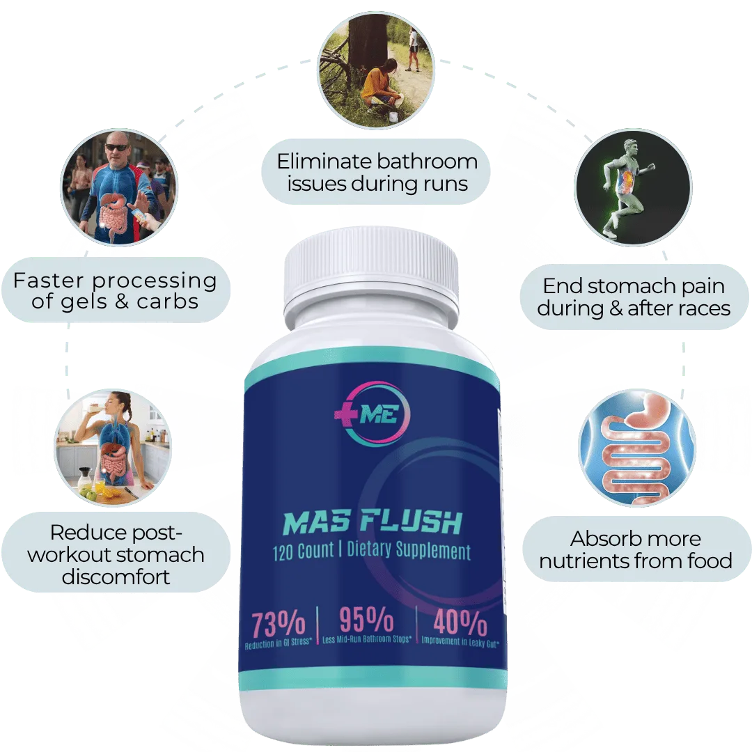 MAS Flush bottle with its benefits: fewer bathroom stops, faster gel processing, less stomach pain