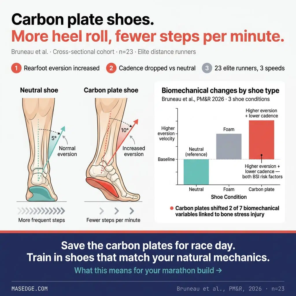 Infographic showing carbon plate shoes increased rearfoot eversion and reduced cadence in elite runners compared to neutral shoes