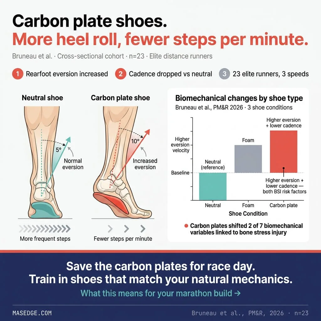 Infographic showing carbon plate shoes increased rearfoot eversion and reduced cadence in elite runners compared to neutral shoes