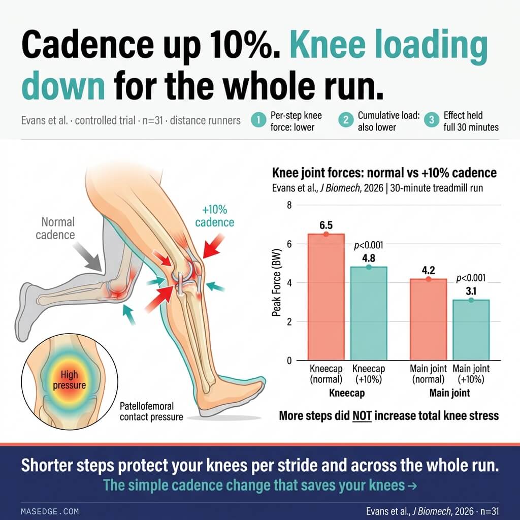 Infographic showing higher cadence reduces knee loading during running