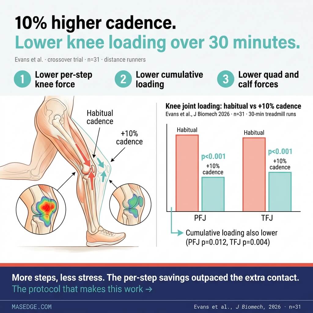 Infographic: 10% higher cadence reduced knee loading during 30-minute run