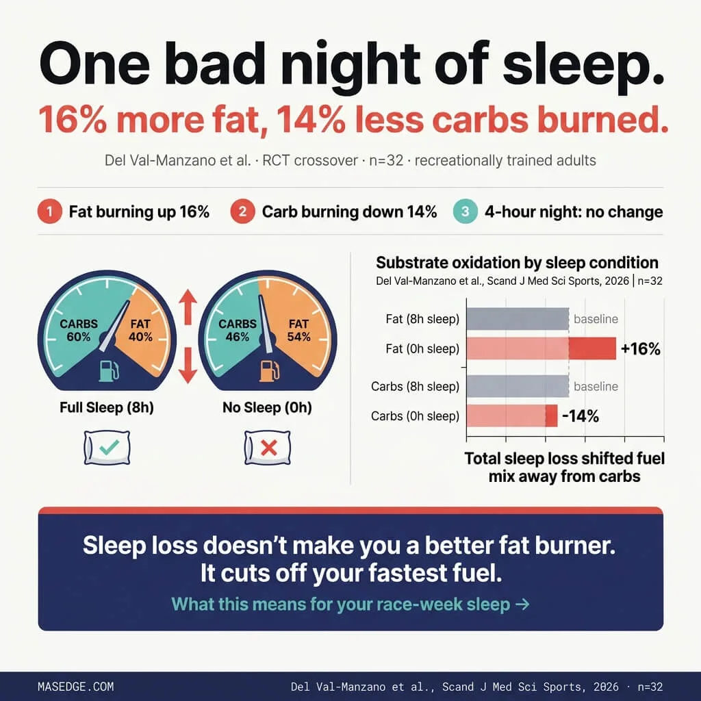 Infographic showing how sleep deprivation shifts exercise fuel use from carbs to fat