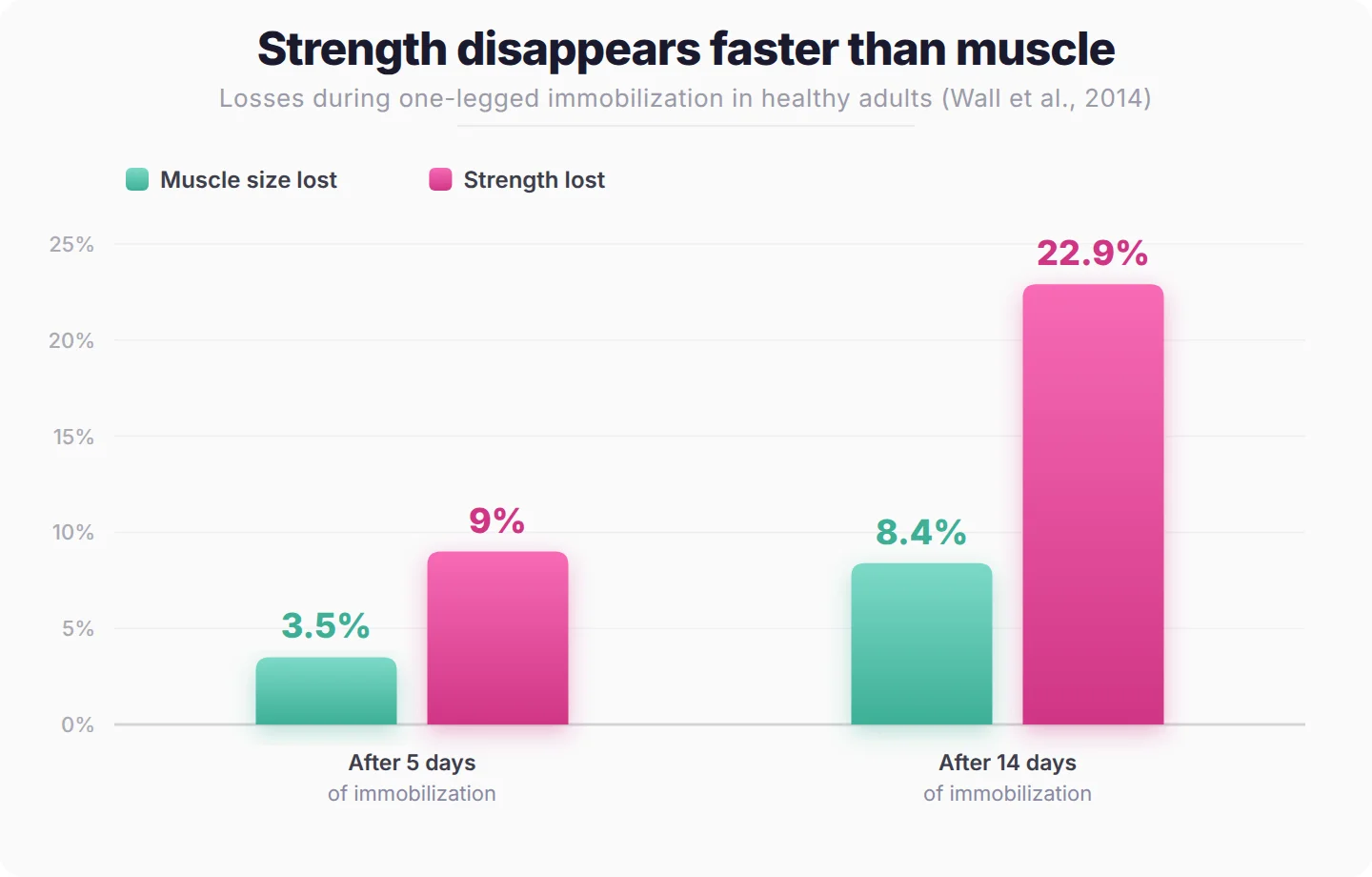 Bar chart of losses during leg immobilization: 3.5% muscle and 9% strength lost in 5 days, 8.4% and 22.9% by 14 days (Wall et al., 2014)